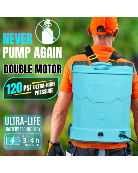 Neptune Model-13-Plus Knapsack Battery Sprayer 12V 12Amp Double Motor, 20L Tank, Spray Gun up to 20 Ft Spray